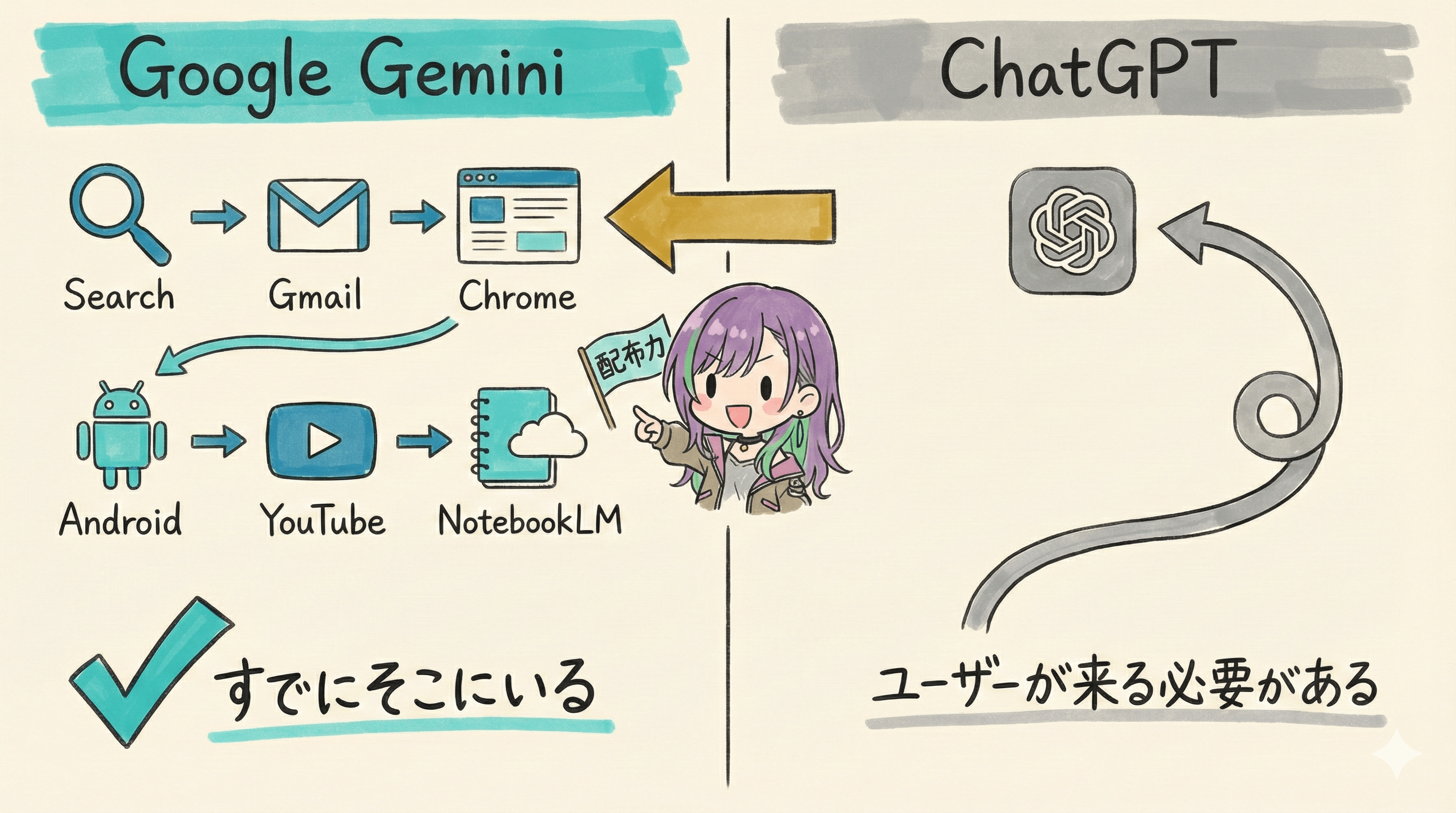 GoogleのDistribution優位 vs OpenAI: すでにそこにいる vs ユーザーが来る必要がある
